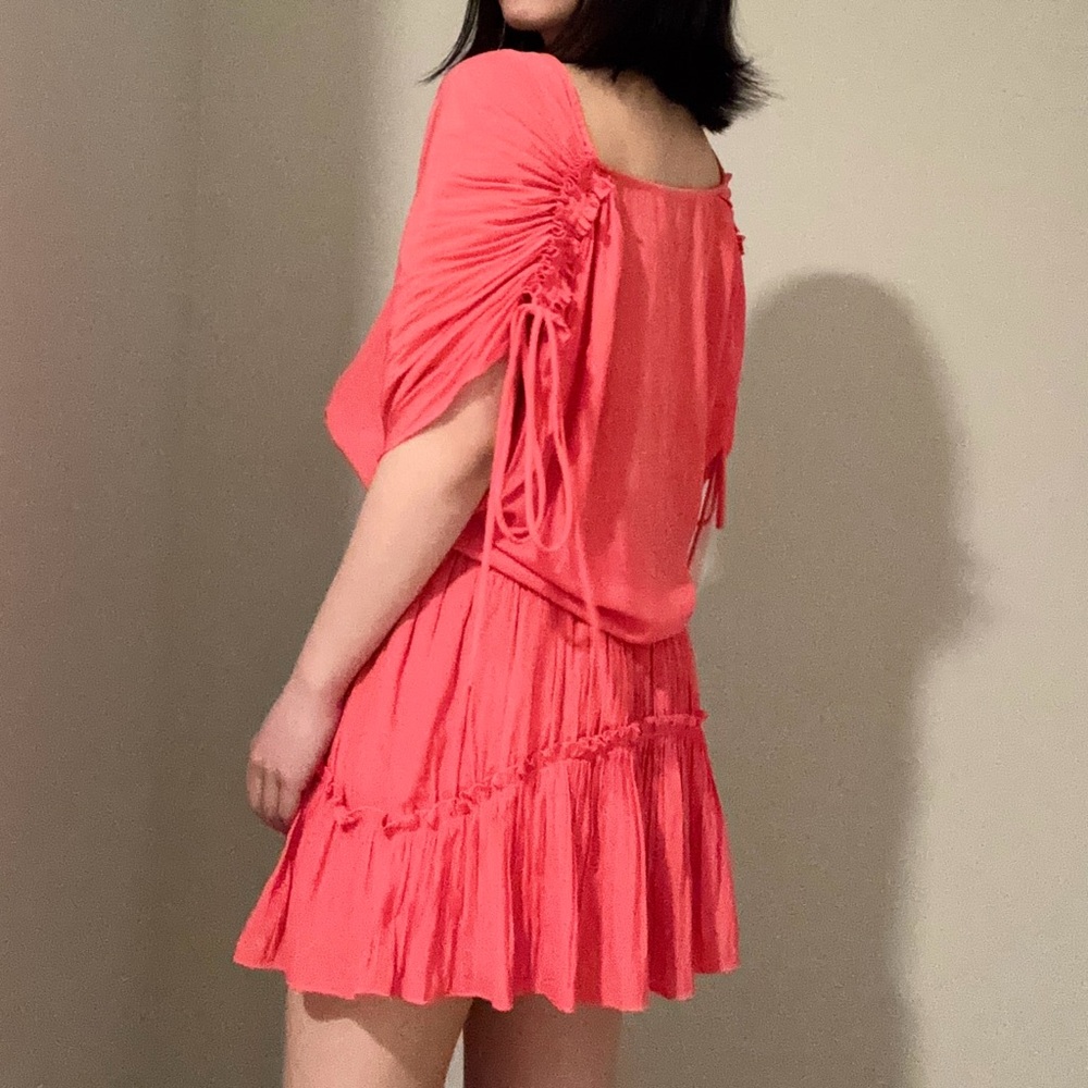 Ramy Brook Coral Ruched-Sleeve Tiered Mini Dress